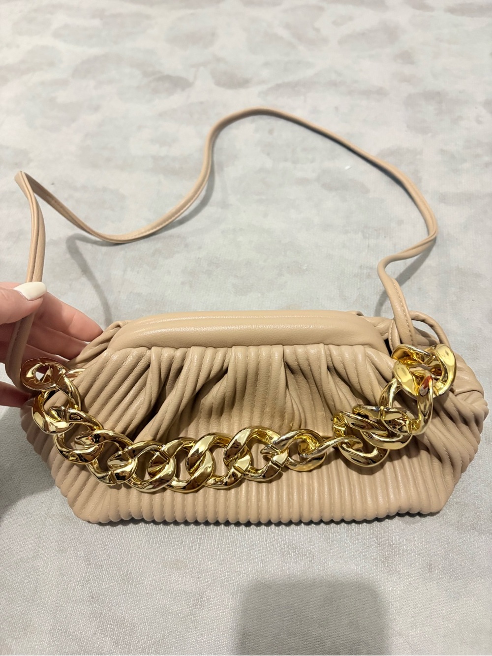 Beige Pleated Shoulder Bag with Gold Chain